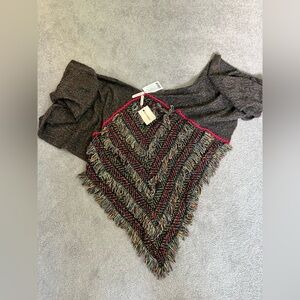 Cecilia Prado for Anthropologie Grey Multi-Colored Poncho Sweater with Fringe
